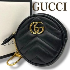 GUCCI GG Marmont Round Coin Purse Black Leather Key Ring Mini Pouch Authentic