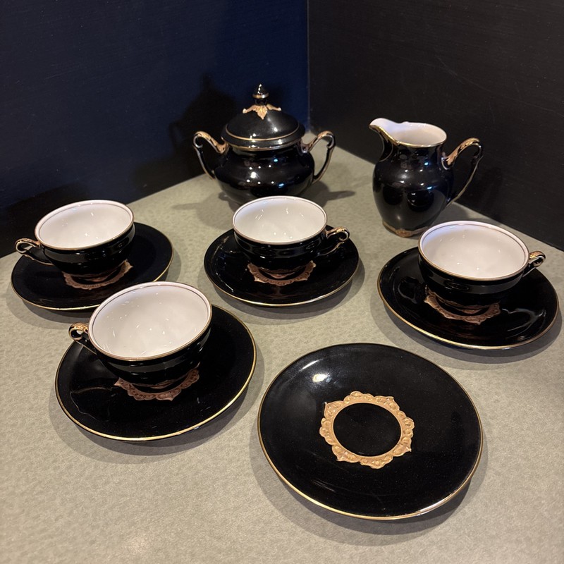 Ilmenau saucers teacups Creamer Sugar Black Raised Gold Konigin Louise Germany
