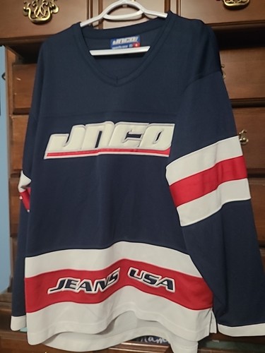 90s Rave JNCO Jeans Hockey Jersey XL Sports USA Embroidered 85 Kikwear Puff Logo
