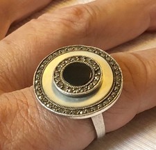 Vintage 925 Sterling Silver Onyx Marcasite Mother Of Pearl Ring Sz 8.75