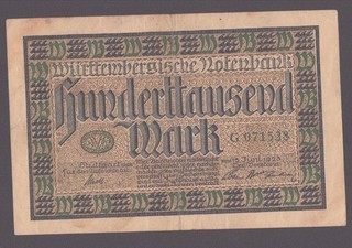 WTB 16) Württembergische Notenbank Stuttgart; 100.000 Mark vom 15.6.1923; „G"