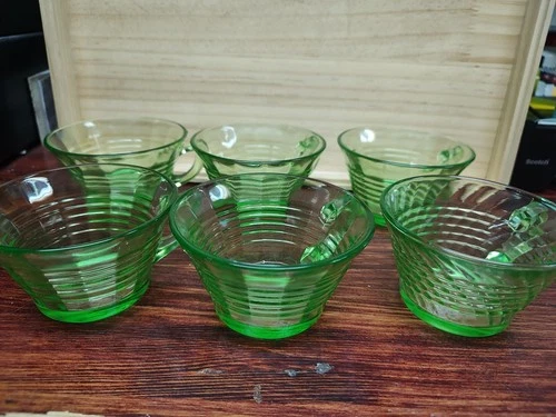 Set Of 6 Anchor Hocking "Circle Green" Depression Uranium Glass Cups GLOW!