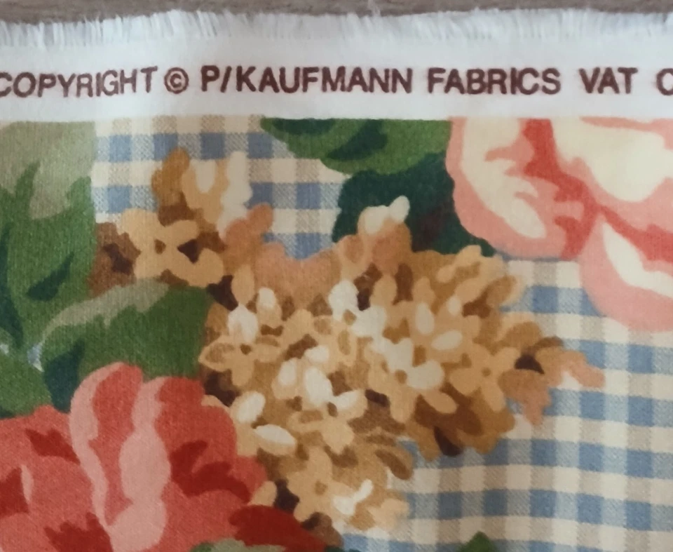 Vintage P Kaufmann Floral Fabric Rose Hydrangea Blue Gingham Cottagecore 4 yds - Image 3 of 3