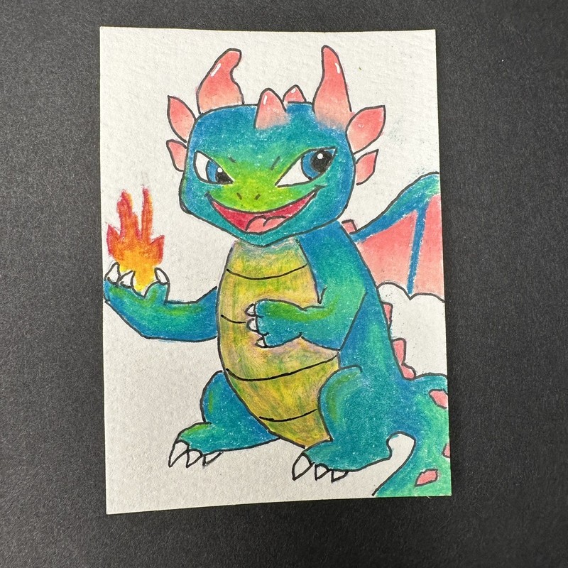 ACEO Original ATC Mini Art 2.5x3.5” Card Dragon Cute Fantasy Cartoon WendyMi34