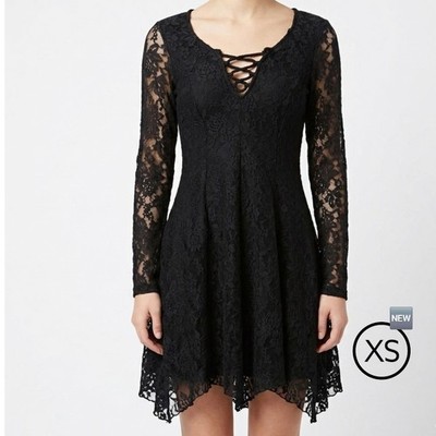 New Wet Seal Goth Lolita Black Rose Lace Dress   Witchy Mini Fit Flare   XSMALL 