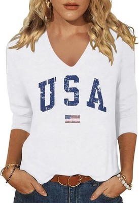 Womens 3/4 V Neck Sleeve American Flag Shirts 4th of July Summer Shirts Graph...
