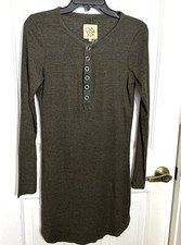 Chaser Olive Green Ribbed Henley Shirttail Dress Casual L/S Everyday Basic L