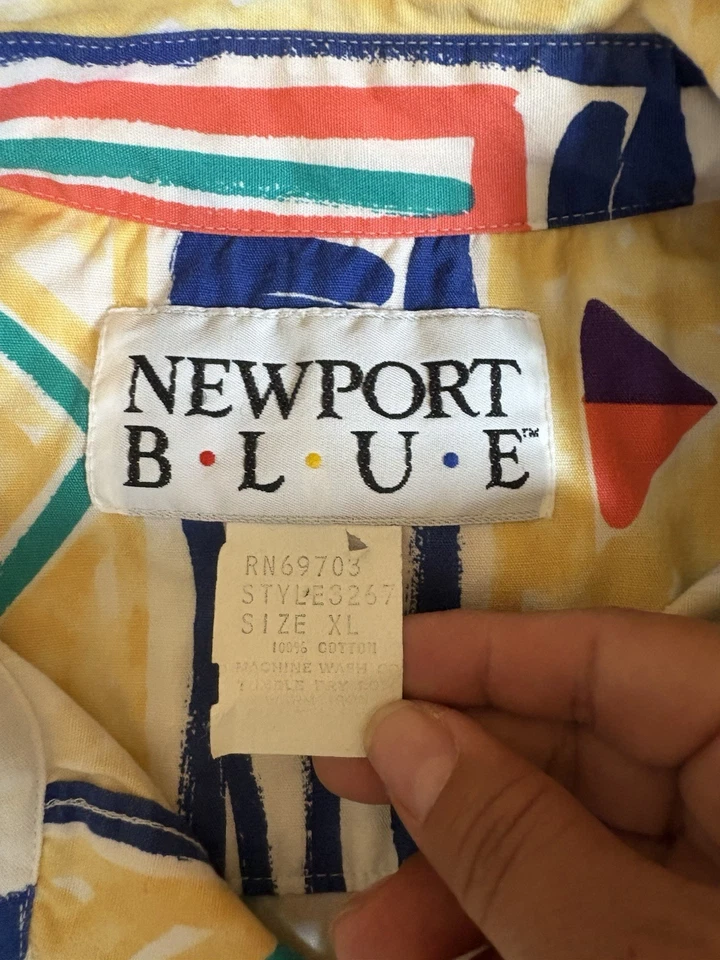 复古 Newport 蓝色纽扣衬衫男式 XL 80 年代设计底部单针 — 第 2/4 张图片