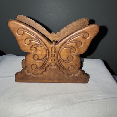 Vintage 1970 s Hand Carved Wooden Boho Butterfly Napkin Mail Holder
