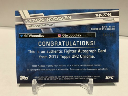 Tyron Woodley 2017 Topps Chrome UFC Fighter Green Refractor/99 #FA-TW automático - Imagen 2 de 2