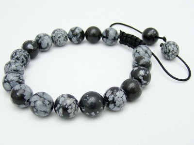 Men's Macrame Gemstone beaded Bracelet all 10mm Snowflake Obsidian beads