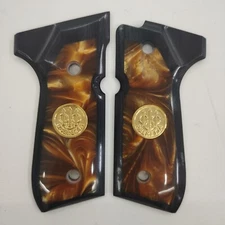 Beretta 92 fs Grips,Gold Metal Medallion,Gold Pearl,Black wood,Fits 92 Series