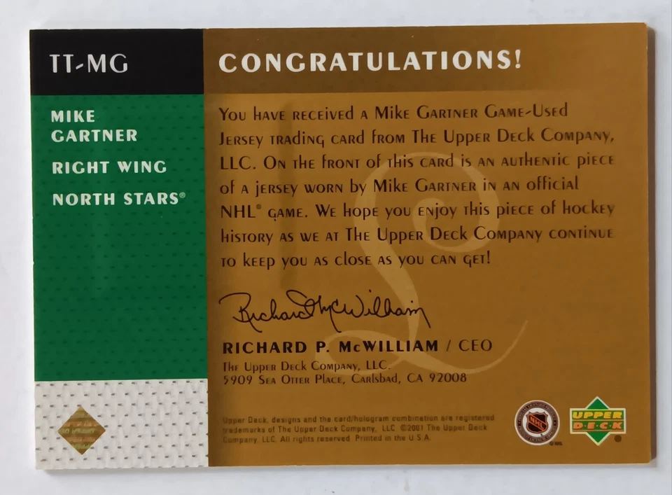 2001-02 Upper Deck Legends Timeless Tributes Mike Gartner Minnesota North Stars - Image 2 of 2