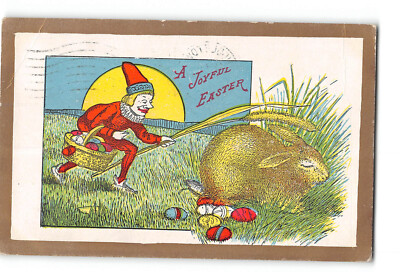 Easter Gold Enhanced Postcard 1912 Troll Stealing Bunny Easter Eggs