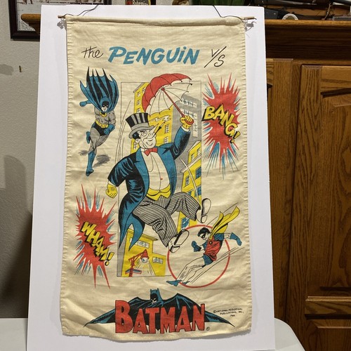 Vintage The Penguin vs Batman Cloth Banner 1966 National Periodical Pub. 16 X 27