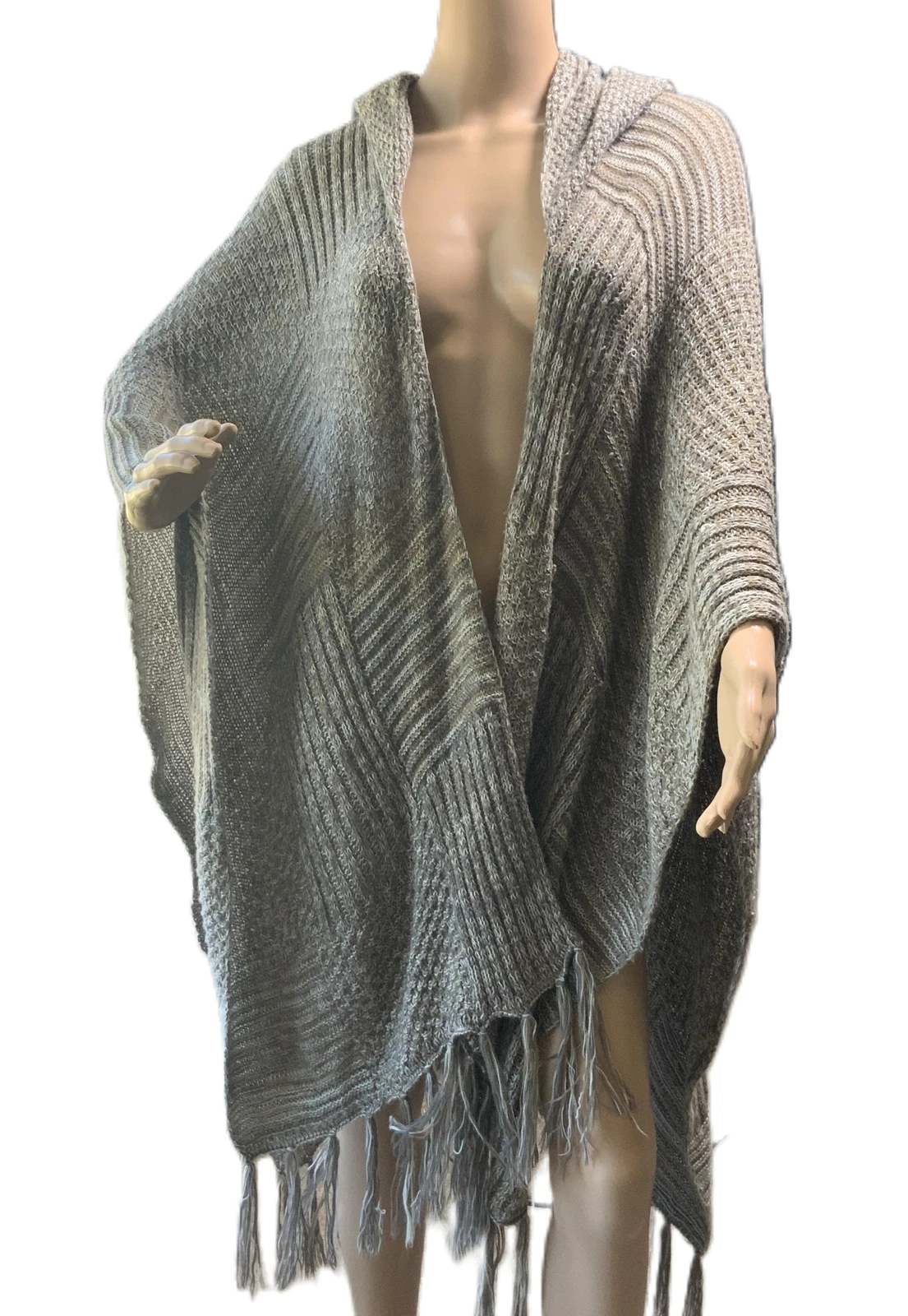 Woman’s Gray Brown Marled Knit Fringed Open Front Hooded Poncho One Sz Lagenlook