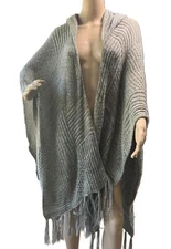 TD Collections Gray Brown Marled Knit Fringed Open Front Hooded Poncho One Size