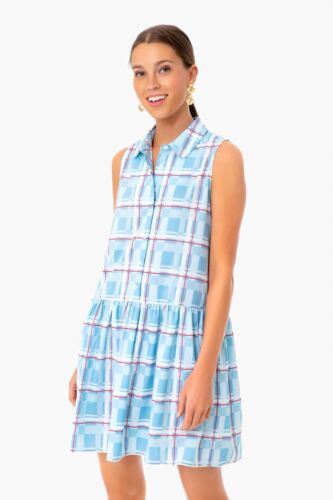 TUCKERNUCK Westport Trellis Sleeveless Hayes Shirt Dress Blue Plaid Size Large - Picture 11 of 15