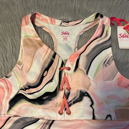 Justice Longline Lace Up Tank Top Girls Size XXL (16P/18P) Pink Marble Shirt - Picture 2 of 7