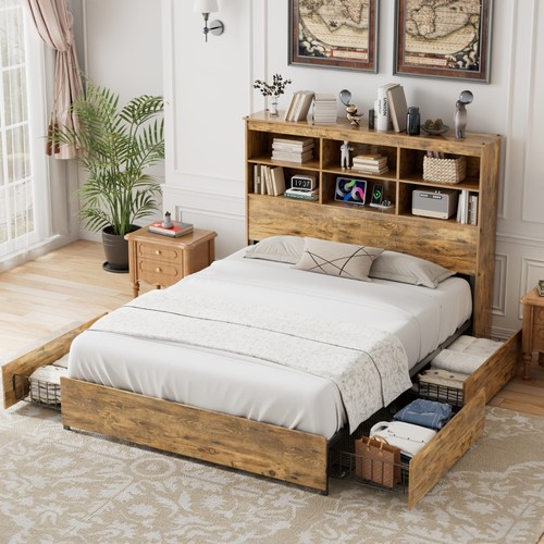 Full Queen King Bed Frame w/Bookcase Headboard,Storage Drawer & Charging Station - Picture 15 of 49