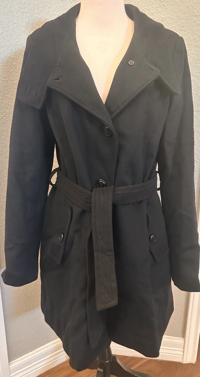 DKNY Wool Pea Coat Black Button Up High Collar Pockets Belt Waist Tie Size 12