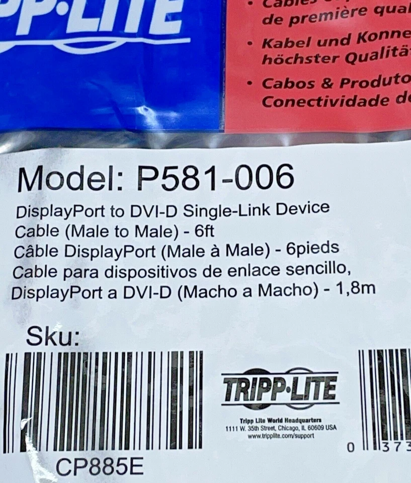 Tripp Lite P581-006 6ft DVI Single link Male to DisplayPort Male Cable NEW - Image 2 of 3