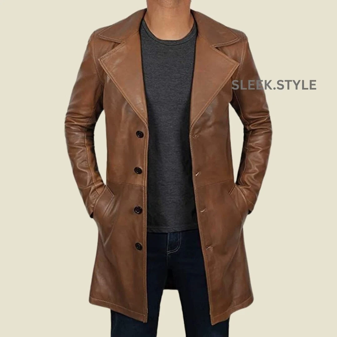 Mens Leather Trench Coat Lambskin Stylish Brown Simple New Designer Casual Wear