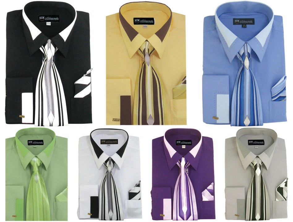 Camisa de vestir de puño francés de diseño único para hombre cuello acento con corbata y pañuelo SG34 Foto 2 de 4