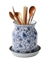 Ceramic Utensil Holder, Blue and White Utensil Crock with Tray, Kitchen Stora...