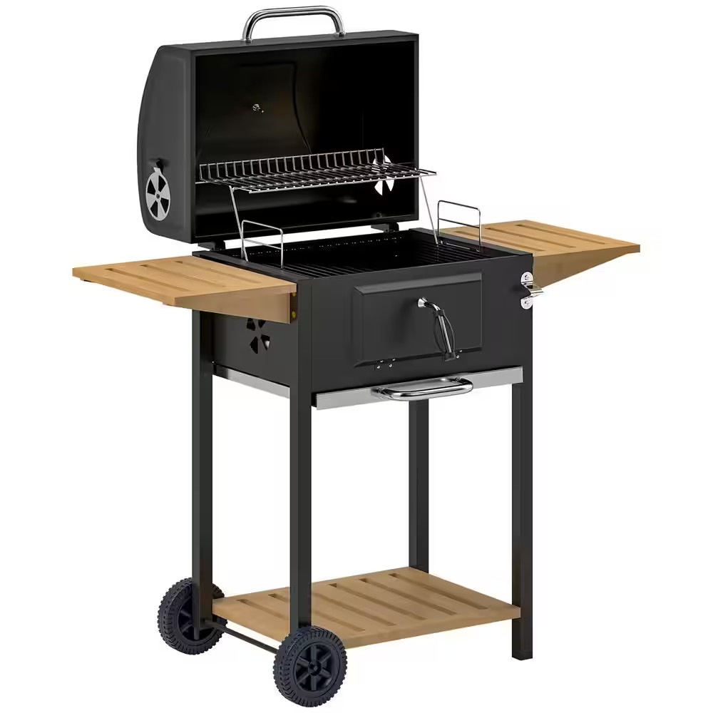 Charcoal Grill in Black with Adjustable Charcoal Pan, 3 Shelves, Thermometer, Wh
