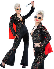 Elvis Black Rhinestone Ladies Jumpsuit 50s Rock Roll Fancy Dress Costume
