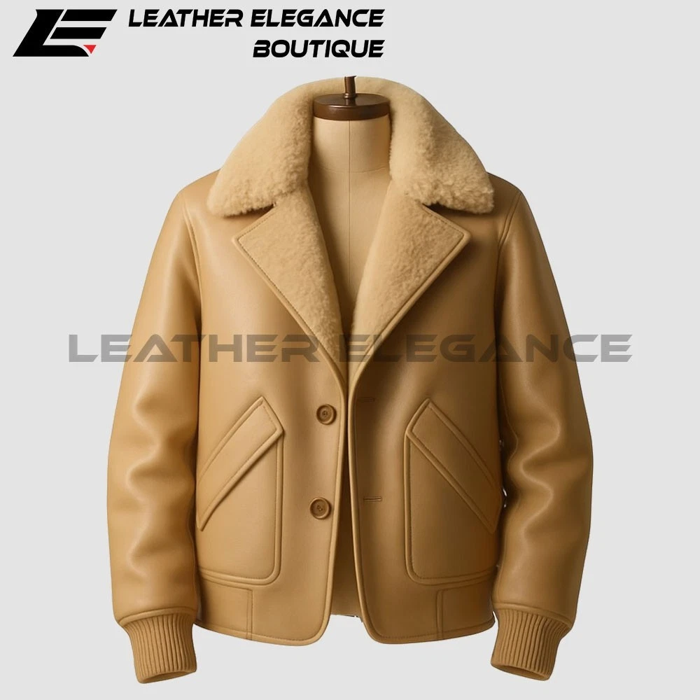 Tan Faux Leather Shearling Jacket – Warm Winter Aviator Bomber Coat