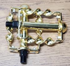 Lowrider Twisted Flat Bike Pedals 1/2" Gold Steel Cage Pedals w/ Logo Pair