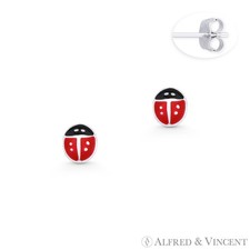Ladybug Insect Lady-Luck Charm Studs .925 Sterling Silver  Enamel Stud Earrings