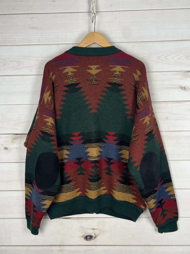 Vintage Structure Sweater Mens XL Southwest Aztec Cardigan Elbow Patches 90s - Image 2 of 4