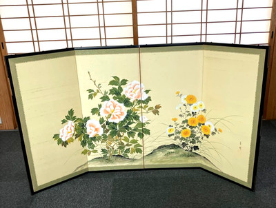 Vintage japanischer Byoubu Klappschirm - Seidenpfingstrose Kunstwerk von Shun...
