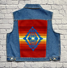 Pendleton Men  s Tribal Native Navajo Aztec Denim Vest Wool Blanket Back Size XL
