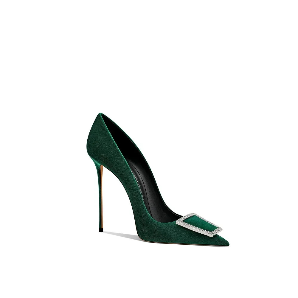 New Dark Green High Heels Pointed Toe French Style Elegant Women Shoes