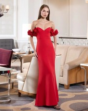 Mac Duggal 56131 Red Crepe Off The Shoulder Gown With 3D Flowers Sz 6 NEW