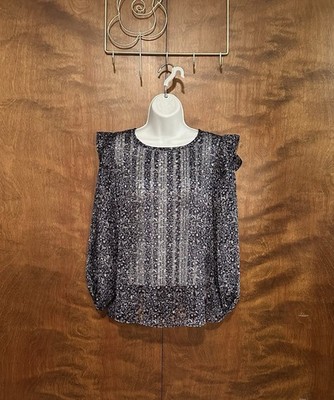 W5 Balloon Sleeve Sheer Metallic Blouse Womens S Navy Floral Polyester Career