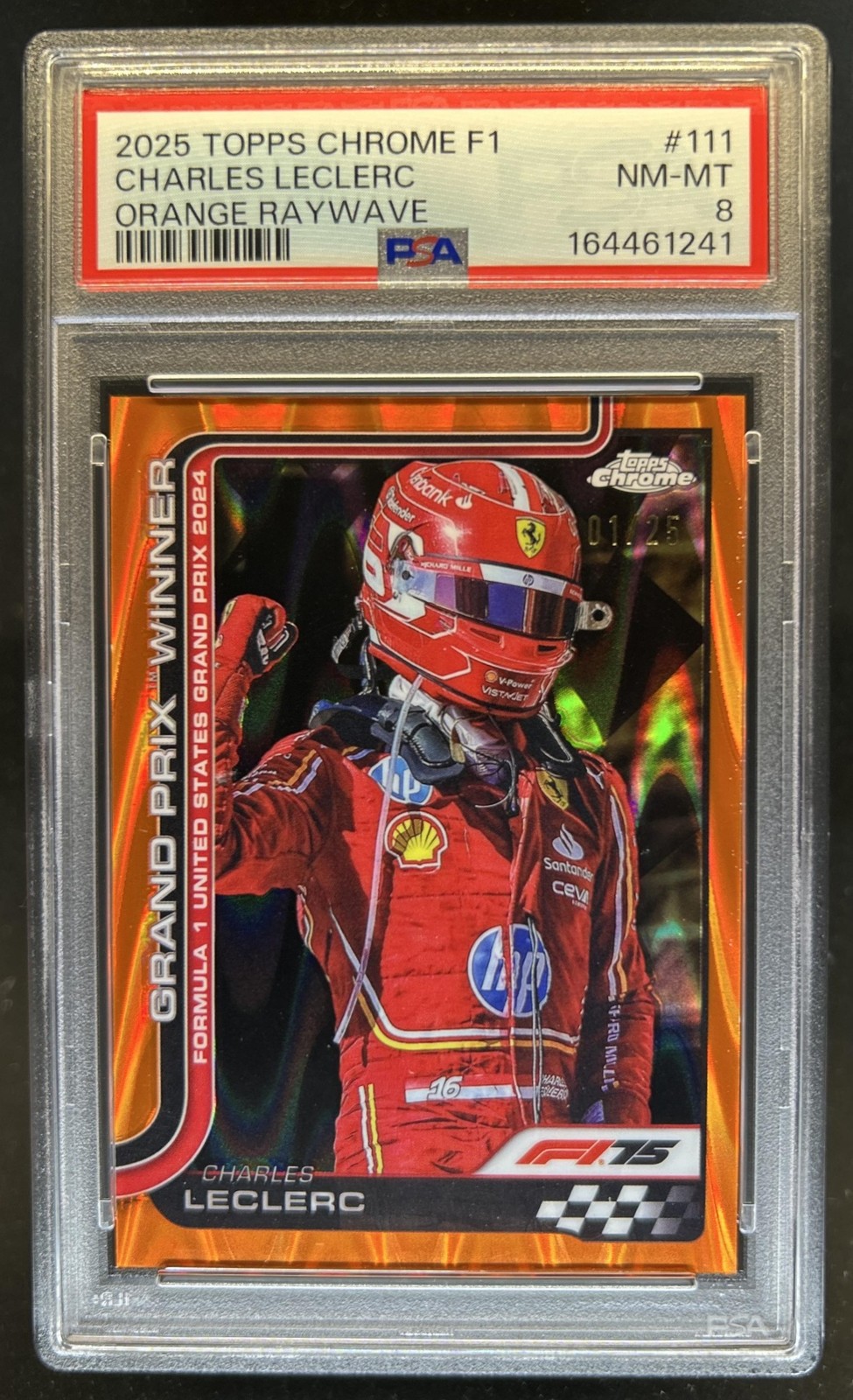 2025 Topps Chrome F1 Formula 1 Charles Leclerc Orange RayWave Winners #/25 PSA 8