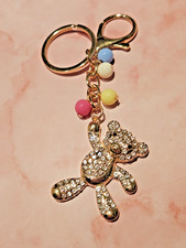 Teddy Bear w/Balloons Bag Charm Keychain Clear Black Rhinestones Gold Tone New