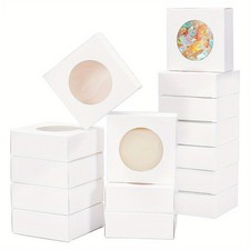 24pcs 3.15x3.15x1.2 Inch Square Paper boxes with Round Window White Kraft Bakery
