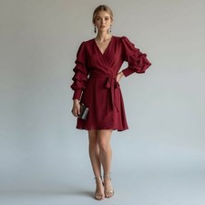 Alice + Olivia 100% Silk Long Sleeve V-neck Belted Mini Dress Burgundy Size 4