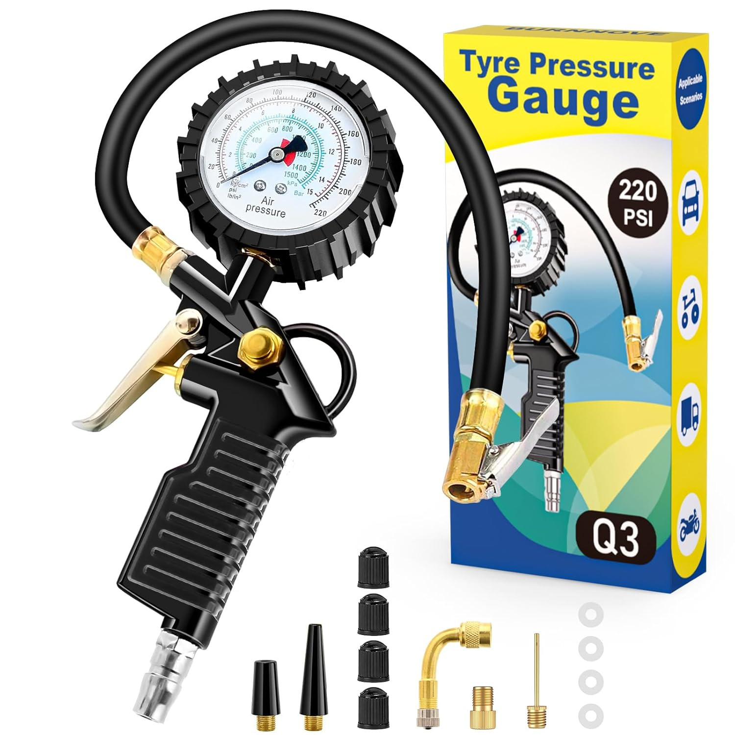 Manomètre pression pneu haute précision 15 bar équipé d'un cadran antichoc