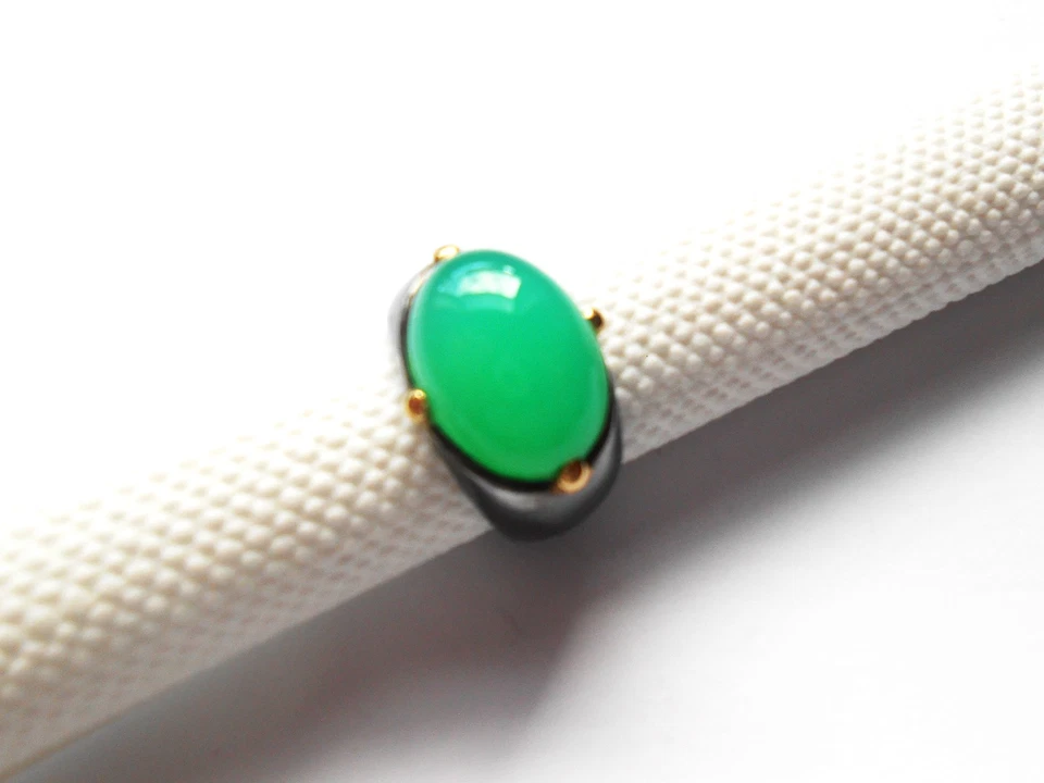 Ring 925 Silber + 585 GG, 1 Chrysopras-Cabochon für diesen Stein angefertigt. - Bild 1 von 4