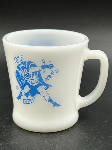 VINTAGE 60s BATMAN with ROBIN BOY WONDER Milk Glass FIRE KING Mug Anchor Hocking