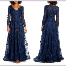 NEW $998 Mac Duggal [ 8 ] 20108 Embroidered Long Sleeve Plunge A Line Gown #J667