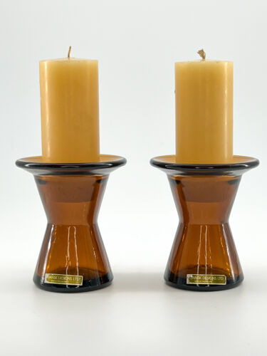 Vtg DANSK DESIGNS Amber-Brown Glass Candlestick Holders MCM + ORIGINAL CANDLES - Picture 2 of 8