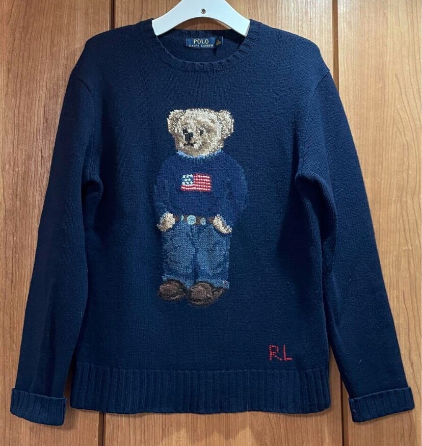 90s POLO BEAR HAND KNIT SWEATER 星条旗 Lサイズ Polo Ralph Lauren Polo Bear USA FLAG Hand Knit Sweater Navy